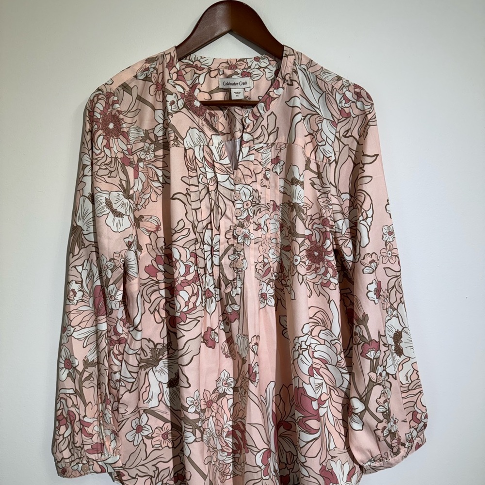 Coldwater Creek Women's Blouse in Floral Pink and Brown
